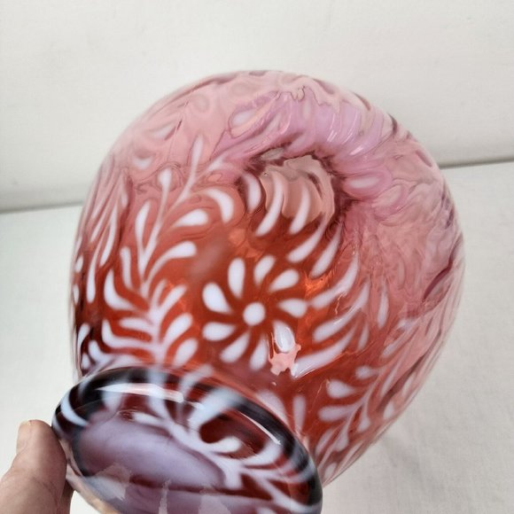 VTG Fenton Vase 11.5" Daisy & Fern Cranberry Opalescent Glass Ruffled White Pink - Picture 6 of 10